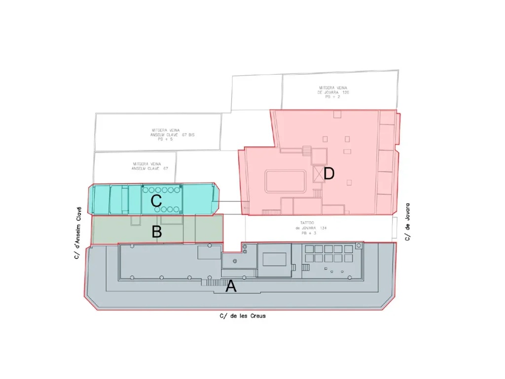 Croquis de la planta cubierta del conjunto de los edificios del antiguo hotel Corona.